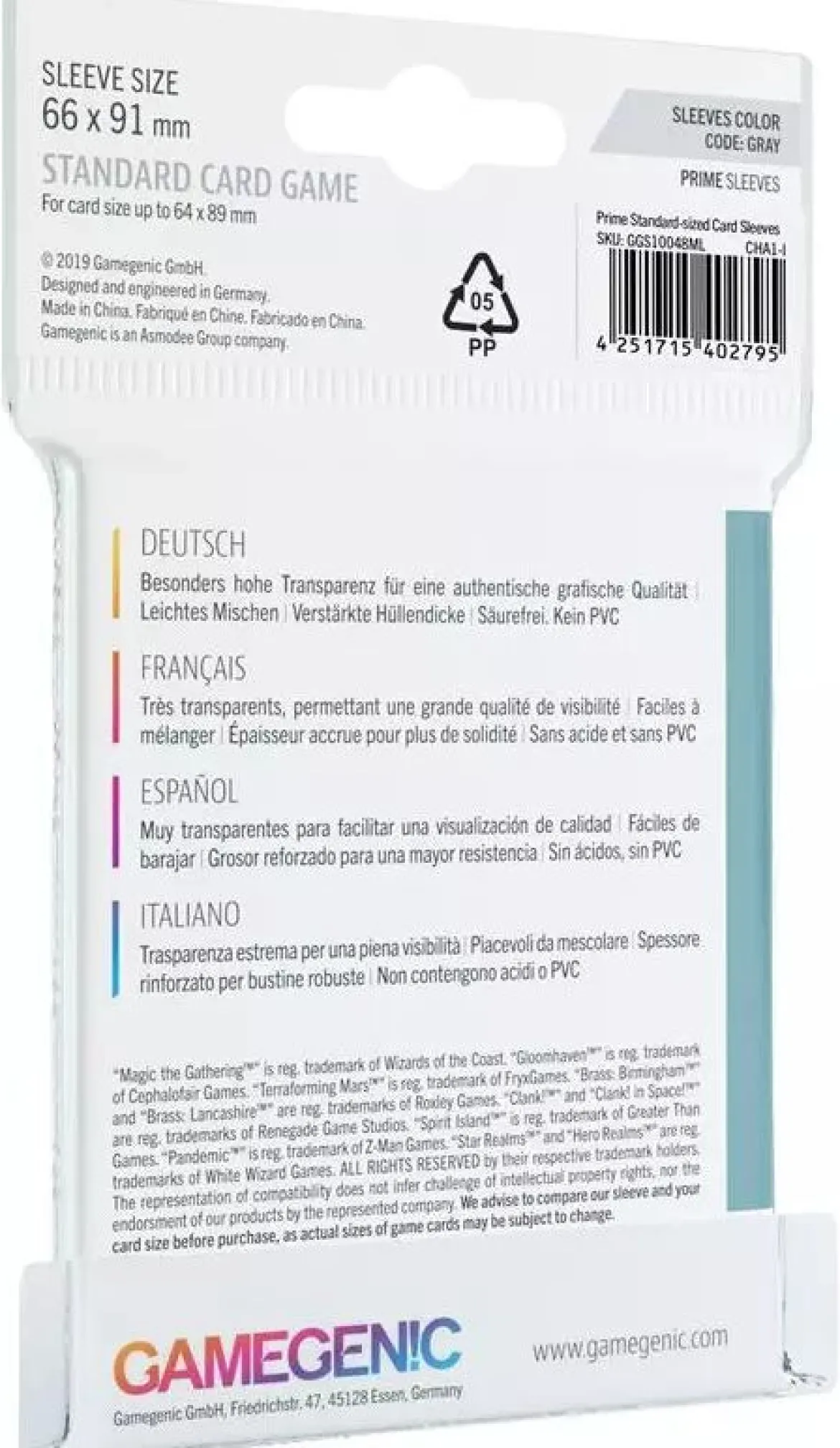 66x91mm - Lot de 50 protège-cartes Prime Standard - Gamegenic